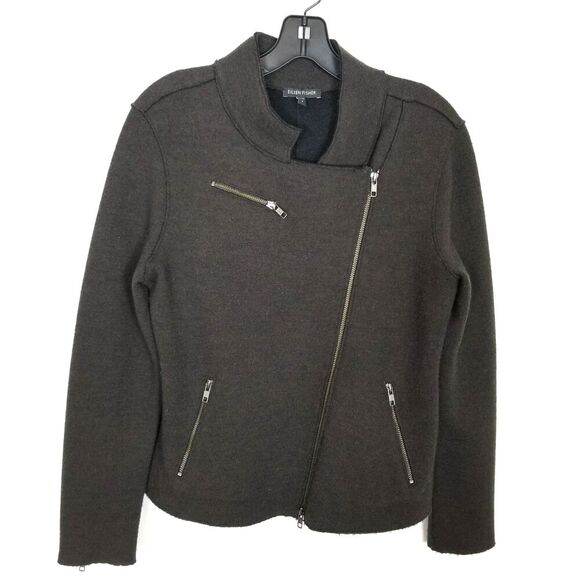 Eileen Fisher Women Merino Wool Moto Jacket Sz S Brown Zip Up Pockets Knit - Picture 1 of 8